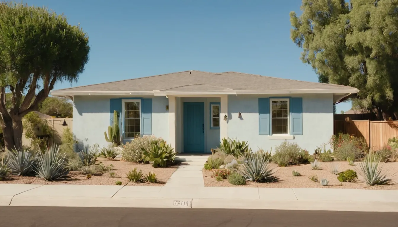 A stucco ranch home in the San Bernardino area with a mild-weather garden